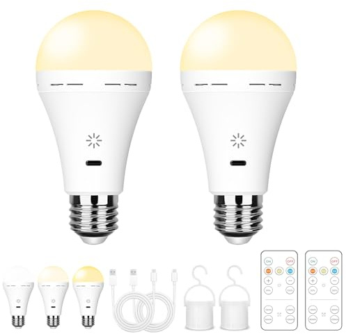 E27 Aufladbare Glühbirne mit Fernbedienung & Touch, 3 Farben, 2 Stück | 2600mAh Batterie Glühbirnen, Akku LED dimmbar 7W 700lm, USB-C, 4 Timer, Haken, für Lampen ohne Strom, Camping & Außen