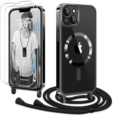 Ethanger für iPhone 14 Plus Hülle mit Band + 2 Schutzfolie, Schwarz | Handyband Transparent Silikon Handyhülle, Magnetische Schutzhülle Case zum Umhängen Kordel
