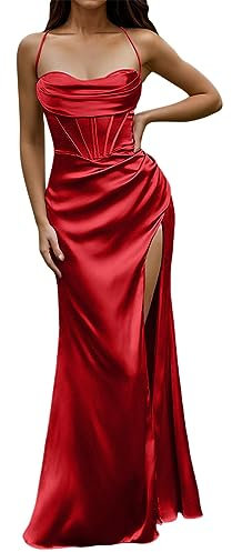 Abendkleid Damen Lang - Maxikleid Damen Trägerkleid, Rückenfreies Kleider Damen Sexy Korsett Satinkleid mit Schlitz Seidensticker Abendkleider Elegant Ballkleid Partykleid Abiballkleider