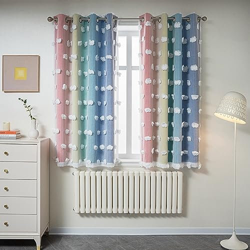 MYSKY HOME Kinderzimmer Gardinen mit Ösen Verdunklungsvorhang Kurz Gardine Vorhang Blickdicht Curtain Junge mit Voile Doppellagige Vorhänge Ösenvorhang 2er Set, H 160 x B 132 cm, Regenbogen