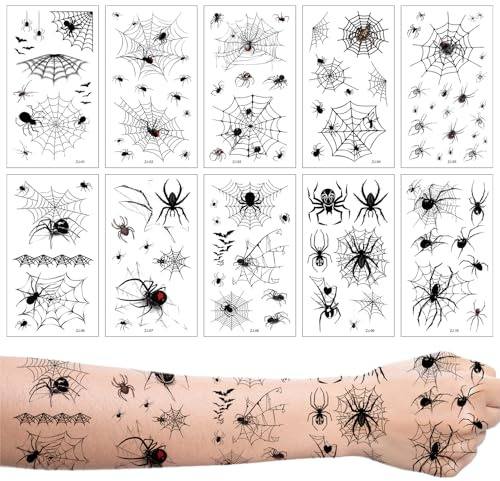 10 Blätt Halloween Tattoo Gesicht,Spinnen Tattoo Gesicht,Kinder Tattoos Spinnen,Spinne Sticker Damen,Hexe Make Up,Spinnennetz Gesichtstattoo Hexen,KostüM FüR Schminke