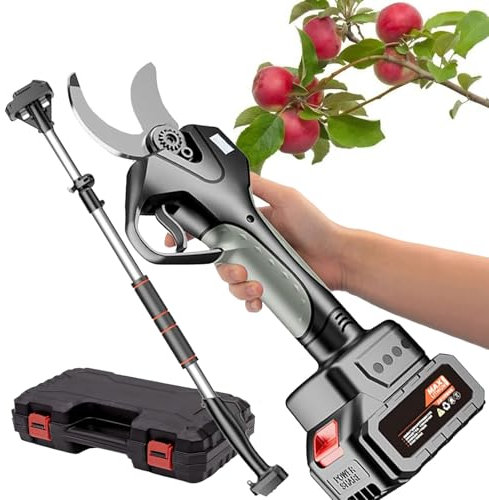 Eastnmythet Tijeras de podar eléctricas, Tijeras de podar inalámbricas de 50 mm, Tijeras de podar de Largo Alcance con pértiga telescópica de 2,1 m y Pantalla LCD,1 Battery