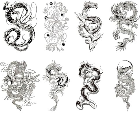 8 Blätter Schwarz Temporäre Tattoos, Schwarz Drache Temporäre Tattoos Herren Damen Klebetattoos Erwachsene, Wasserfest Langlebige Realistisch Fake Tattoo Die Haut Gesicht Hals Arm Tattoo