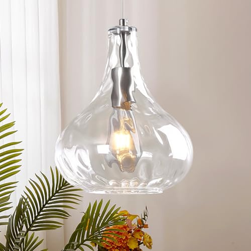 ZYBWL Klares Glas Pendelleuchte 1 Flammig Sandnickelfarbiges Metallin Hängeleuchte Küche Hängelampe Einfache Modern Kronleuchter für Schlafzimmer Esstisch Esszimmer, E27 Fassung, Ø 24 cm