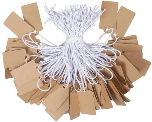 Uniclife 200 Pcs Kraft Price Tags with Elastic String Attached Writable Brown Kraft Paper Tags Hang Tag for Pricing Clothing Jewelry Price Display Labels Blank Merchandise Marking Tag, 1 3/8 x 3/4