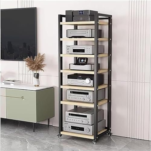 Extra hohe mobile Stereo-Racks und -Ständer mit Rädern, 5-, 6-, 7- und 8-stufiger Audio-/Video-Komponentenschrankwagen für Zuhause/Büro/Wohnzimmer, freistehender AV-Medienständer (Schwarz-A,
