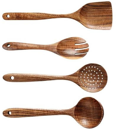 Cuchara de sopa para mezclar, utensilios de cocina seguros, antiadherentes de madera, cuchara de madera grande, utensilios de cocina de madera de acacia, juego de 4 utensilios de cocina ecológicos,