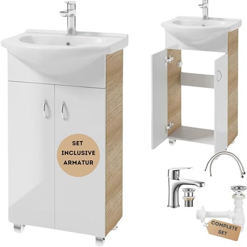 Deftrans Domodomo - Armadietto da bagno con lavabo, 80 x 50 x 26 cm, in ceramica, per piccolo bagno, rubinetto, sifone, clic clic