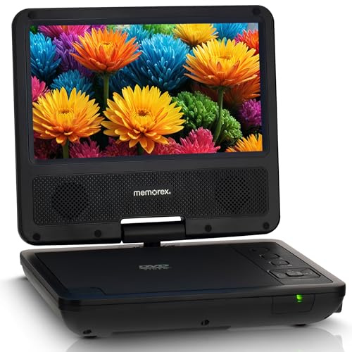 Memorex 9.5-Inch Portable DVD Player with 7-Inch Swivel Screen, 4-6 Hour Watching Time, Dual Speaker, Remote Control, Supports Sync with TV, USB/SD/AV