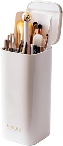 Makeup Pinselhalter mit Deckel, Automatisches Anheben Wasserdicht Staubdicht Makeup Pinsel Organizer für Vanity Decor, Badezimmer Arbeitsplatte, Staubdicht Kosmetikpinsel Container (Bianco)