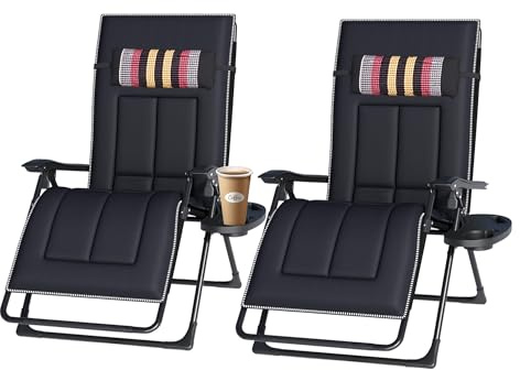 FUOIDYE Chaise Longue Pliante, Transat Jardin Exterieur avec Coussin -Dossier RéGlable, Fauteuil Relax Pliant avec Appui-TêTe Amovible et Porte-Gobelet, Bain de Soleil (2, Rayures Noire, 66)