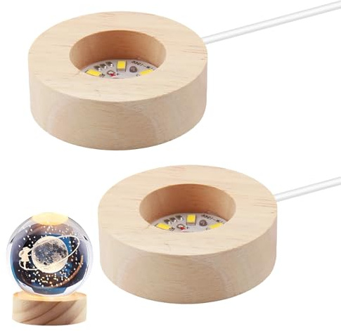 QTMMC Paquete de 2 bases de luz LED de madera, base de luz de madera, base redonda iluminada de madera para bola de cristal 3D, vidrio láser, resina, arte, luz de color cálido, cable USB con