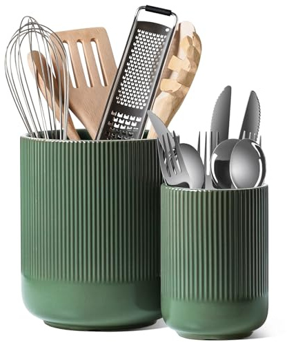 LE TAUCI Utensil Holder for Kitchen Counter, 7.3+5.4 Fluted Ceramic Utensil Crock Organizer for Countertop, Heavy Large Holder for Spatulas, Spoons, Set of 2, Forest Green