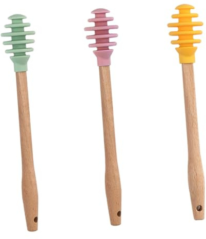 PartyKindom Silicone Honey Dippers and Honey Stirrers Set 3pcs Assorted Yellow Pink Green Food-Grade Silicone for Kitchen and Tea Use