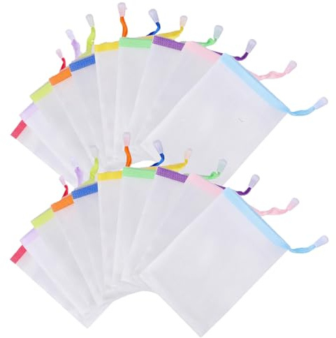 HoAhaMay 20 pièces Pochette à savon, pochette à savon solide, sac à savon en filet à cordon, sac exfoliant en maille nylon et mousse, pour les outils de bain et de nettoyage (couleurs aléatoires)