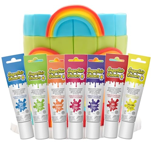 Sugarflair Essentials Food Colouring Gel Set, Rainbow 7x 25g - Concentrated Gel Food Dye for Cake Decorating, Buttercream, Fondant, Royal Icing - Vegan, Kosher, Bake-Stable