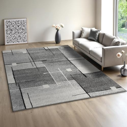 Mia´s Teppiche Modena - Moderner Kurzflor Teppich, Wohnzimmer & Schlafzimmer, weich & pflegeleicht, geometrische Muster, Kariert, Grau, 120 x 160 cm
