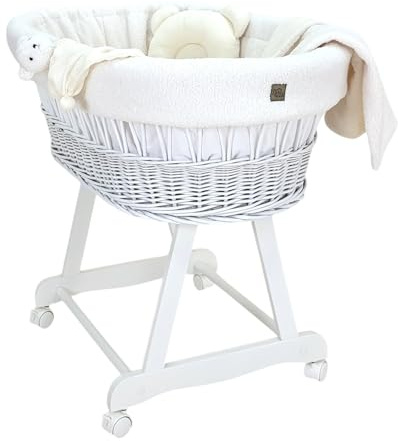 Wiklinopol Stubenwagen Amelia – Handgeflochtener Moseskorb Weiß mit Gestell & Matratze – 5-teiliges Teddy-Bettset Ecru – Tragbarer Babykorb mit Rollen – Ideal für Neugeborene