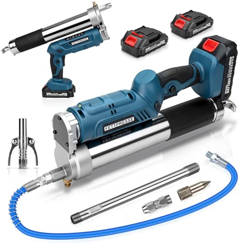 DENEWERK 12000PSI Akku-Fettpresse mit 2 * 2.0Ah Batterien und Ladegerät | Elektrische Fettpresse inkl. 100cm Hochdruckschlauch, 3 Mundstück, Bürstenlosem Motor und LED-Leuchte