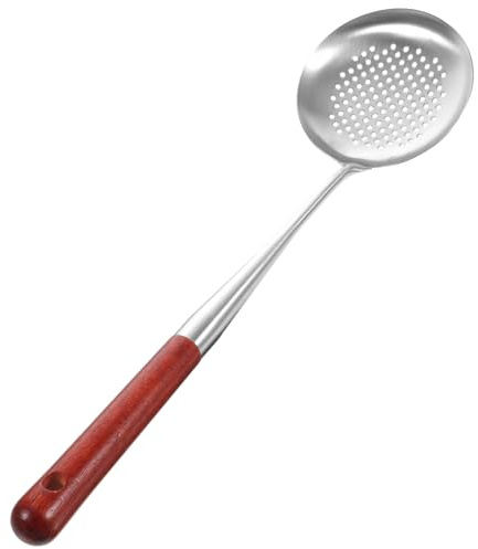 Lurrose Écumoire Inox à Manche Bois Long Cuillère Filtrante pour Huile et Soupe Ustensile Cuisine Décoratif Pratique pour Maison et Restaurant