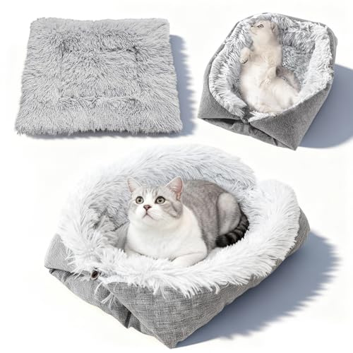 GWBPES Katzenbett, Katzendecke Katzenkissen Katzenkörbchen 52x60cm Haustierbett 2 in 1 Plüsch Katzensofa Waschbare Kissen für Katzen Schlafplatz Katzenbetten Grau für Kleine Hund