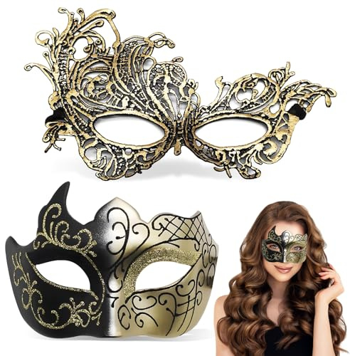 Yizemay 2 Stück Venezianische Maske Paar, Maskenball Maske Damen Herren, Venezianischen Maske Kostüm Masken für Damen Herren Halloween Karneval Party
