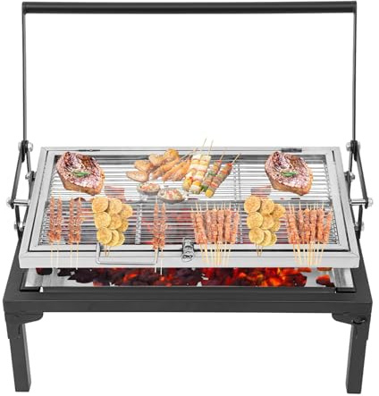 Bärbar 360° vridbar kolgrill rostfritt stål smoker grill med hopfällbar korg för camping, baklucka och utomhusäventyr, inklusive gratis Bbq-väska liten/medel (68 x 38 x 35 cm)