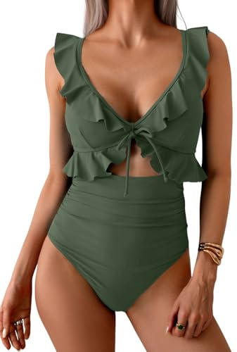 CheChury Maillot de Bain Une Pièce Femme à Volants Dos Nu avec Dos à Nœud Bretelles Ajustables Ventre Plat Maillot 1 Pièce Coussinets Amovibles Élégante Été Piscine Plage