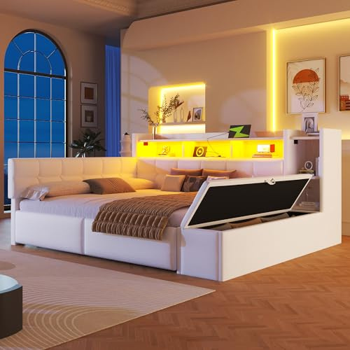 Moimhear Tagesbett, Daybett, Schlafsofa, 140x190cm, mit Zwei Schubladen, USB- und Typ-C-Anschlüssen, Ablagefach, Stauraumbank am Fußende, Samt (Weiß)