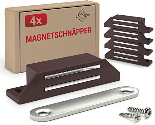 LouMaxx Stark magnetisk magnet - hållkraft 8 kg - set med 4 delar i brunt - dörrmagnet - magnetisk stängning - skruvmagnet, magnetisk stängning av skåp - magnetisk dörrstängare