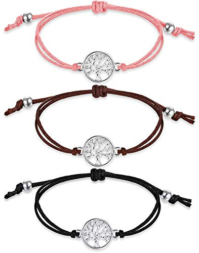 3 Stücke Baum Armband Verstellbare Armband Schwarz Textilband Geschenk für Freundschaft, Danke, Wünschen (Schwarz, Braun, Rosa)