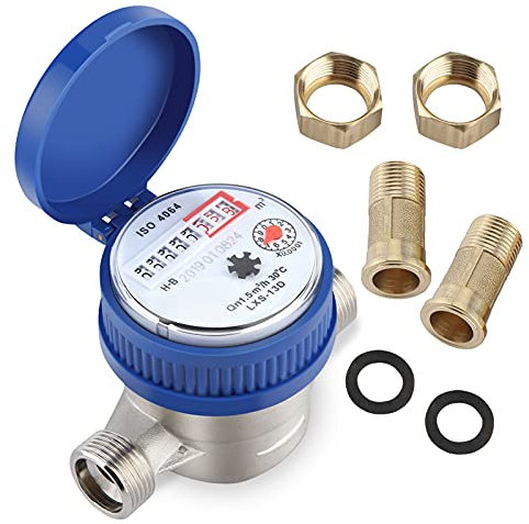 Wasserzähler 1/2 Zoll, Kalt Wasserzähler Garten, Zapfhahnzähler Mit Montagezubehör Und Schutzabdeckung Haushalt Kaltwasserzähler Mit Zeiger Und Digitalanzeige 0-40℃ 1.5m³ / h