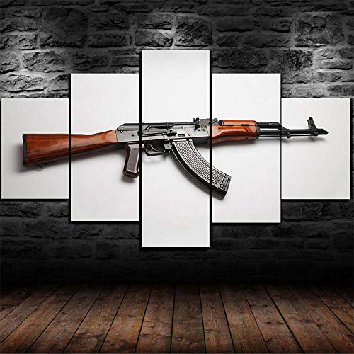 3D Leinwandbilder 5 Teile XXL Vlies Leinwand Bilder Dekoration Ak-47 Kalaschnikow Militärwaffe Bild Auf Leinwand 5Tlg Bilder Mehrteilig Zum Aufhängen Mit Rahmen