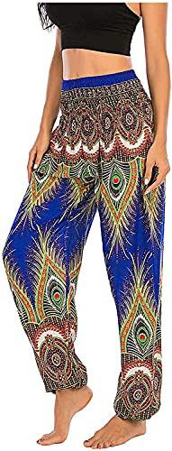 Onsoyours Haremshose Damen Patchwork Pumphose Sommerhose Yogahose Aladinhose Hosen Lang Baggy Bedruckt Harem Stil Elastischen Bund B Blau Einheitsgröße