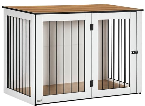 PawHut Hundekäfig Möbel mit Fenster für Große Hunde 106x60x76 cm Eiche+Weiß | Stahl Hundebox, Mit Türen, Für Zuhause Indoor, Hundehütte, Hundehaus, Nischenrassen Großer Hunde, Bis Zu 30 kg