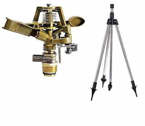 Aspersor de riego latón Zinc ½'' + Trípode Porta aspersor. Aspersor de Impacto con Alcance de 12/15m. Aspersor de jardín con caudal 9 a 20 litros/Minuto y ángulo de riego Ajustable de 0 a 360º
