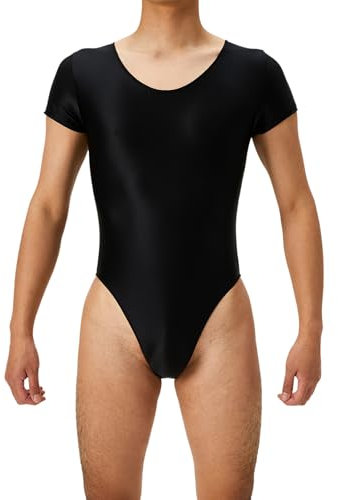 Agoky Herren ÖL Glänzend Body Kurzarm Bodysuit Stretch Rundhals T-Shirt Tee Sportbody Badeanzug Schwimmanzug Gym Fitness Workout Outfits Schwarz XL