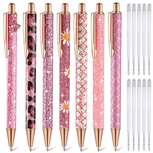Sherr 7 Pcs Fancy Pens for Women Cute Sparkly Glitter Pens with 10 Pcs Black Ink Refills Pretty Gifts for Girls Office School Christmas Graduation(Cute)