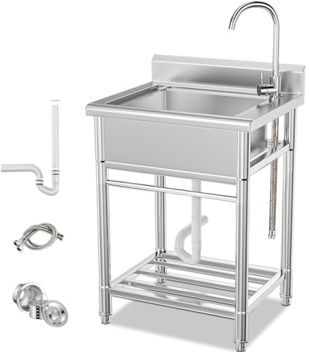 Lafati Stainless Steel Utility Sink - Single Bowl Free Standing Kitchen Sink NSF Certificated with Cold and Hot Water for Farmhouse, Bathroom, Bar, Laundry Room (23 Inch)