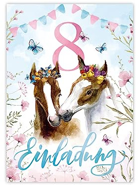 Minkocards 12 Einladungskarten zum 8. Kindergeburtstag Mädchen Pferde Einladung achte Geburtstag Kinder bunte Geburtstagseinladungen