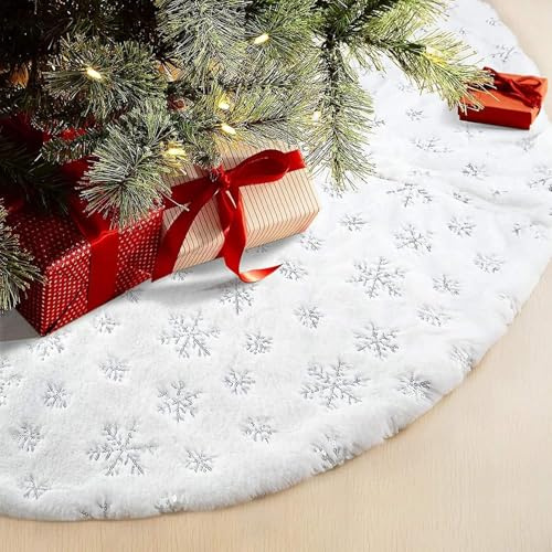 Drezesov Weihnachtsbaumrock Baumdecke Weihnachtsbaum, 120CM Weiche Weihnachtsbaumdecke Weißer Kunstpelz Teppich mit Silber Schneeflocke Muster