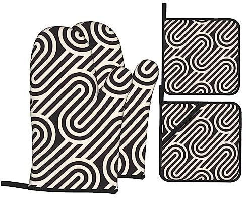 Set di 4 guanti da forno e presine con struttura ricurva nera, resistenti al calore, per cucina, cottura, grigliate, barbecue