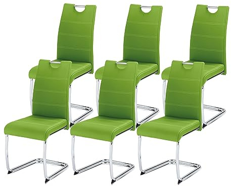 KHG 6er-Set Esszimmerstühle Schwingstuhl Polsterstuhl Küchenstuhl | Kunstleder grün, Designstuhl Sitzhöhe 48 cm, Freischwinger mit integriertem Griff, LED, für Esszimmer und Wohnbereich