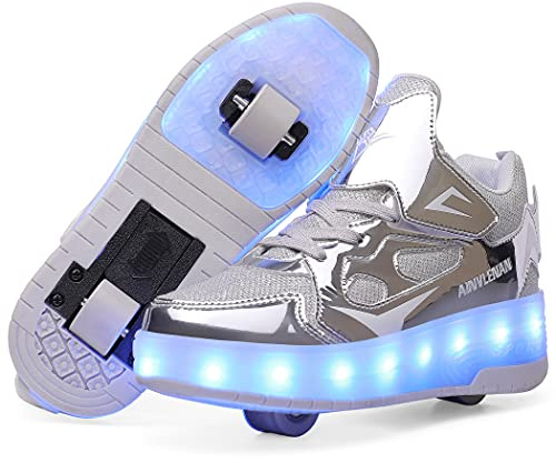 YongerYong Pojke och flicka LED-blinkers rullskridskor, unika dubbla infällbara hjul, skateboarding skor utomhus sport gymnastik sneakers, Silver1, 30 EU