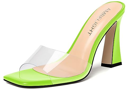 AMBELIGHT Sandali da donna casual senza lacci in vernice punta quadrata tinta unita tacco alto da 10,2 cm, Verde lime, 35.5 EU