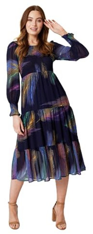 Izabel London Feather Print Midi Smock Dress for Women UK with Round Neck, Long Sleeves and Tiered midi Skirt. Multi Blue