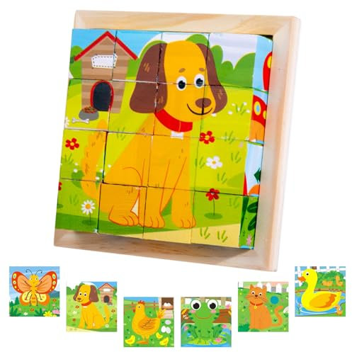 Würfelpuzzle, Holzpuzzle 3D, Lernspielzeug Holzspielzeug, Würfelpuzzle Puzzlespiele 6 in 1 Tier-Motive für Kinder, Montessori Vorschule Lernspielzeug Geschenk für Jungen und Mädchen