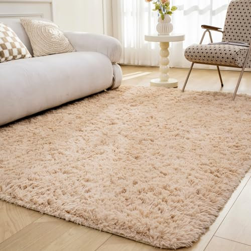 OMERAI Living Room Rugs Anti Slip Rug Fluffy Faux Fur Rug Bedroom Velvet Carpet Plush Shaggy Area Rug Modern Floor Mat for Home Decor (Beige,90x150cm)