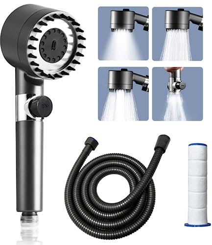 Duschkopf Sparduschkopf Wassersparend, Hochdruck Handbrause mit 1,5 M Schlauch & 2 Filter,3 Strahlarten,Massage Duschkopf Wasserspar Regendusche (Grau)