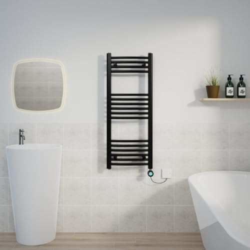 Warmehaus Electric Towel Rail Curved Black Thermostatic Timer 1000x400mm | 4 Timer Settings, LCD Display, Child Lock, T Piece, Prefilled, Ladder Style, Towel Warmer Radiator for Bathrooms